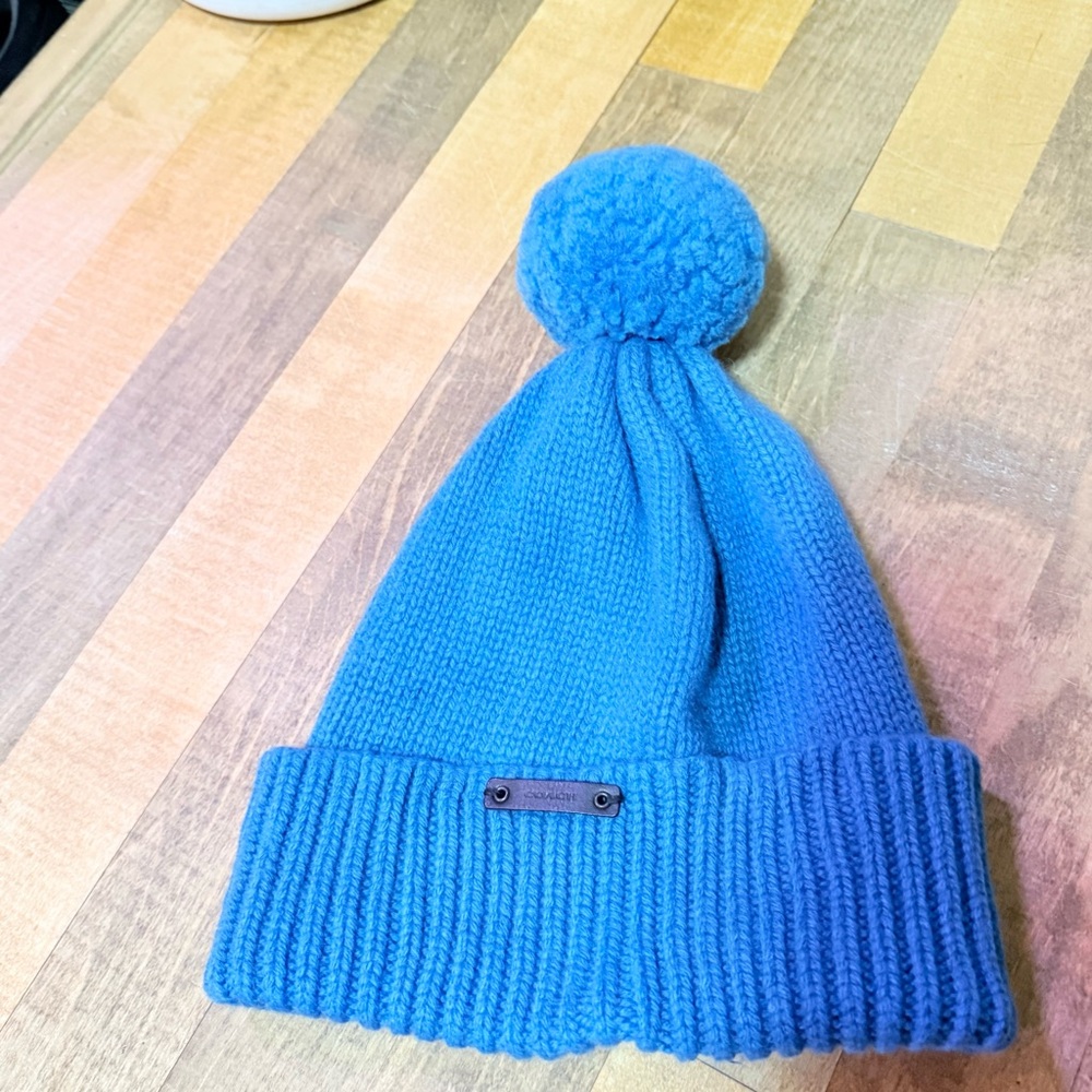 COACH Wool Cashmere Pom Beanie – Blue – One Size
